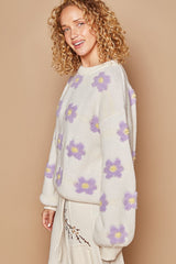 POL Daisy Pattern Drop Shoulder Sweater - Cozy Oversized Knit for Women