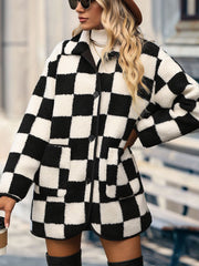 Women's Checkered Button Front Coat with Pockets - Cozy & Fashionable Outerwear