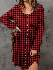 Double Take Plaid Round Neck Long Sleeve Mini Dress with A-Line Hem