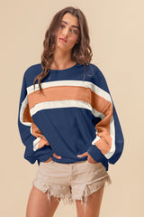 BiBi Women's French Terry Color Block Sweatshirt with Chic Cut Edge Detail