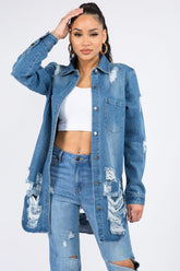 American Bazi Distressed Denim Shirt Jacket - Vintage Style for Everyday Wear