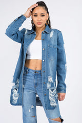 American Bazi Distressed Denim Shirt Jacket - Vintage Style for Everyday Wear