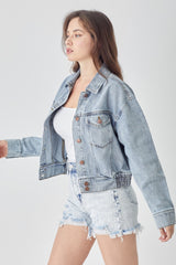 RISEN Women's Cropped Denim Jacket - Button Down, Trendy & Versatile