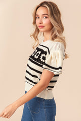 BiBi Granny Square Striped Short Sleeve Sweater - Retro & Bohemian Style