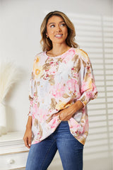Elegant Floral Round Neck Three-Quarter Sleeve Women's Top
