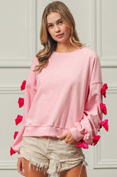BiBi Velvet Ribbon Bow Long Sleeve Sweatshirt - Elegant Women's Top with Round Neck