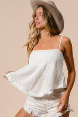 BiBi Fringed Hem Smocked Cami Top - Trendy Bohemian Style