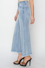 RISEN High Rise Cropped Wide Leg Jeans with Frayed Hem - Trendy & Comfortable Denim