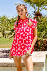 BiBi Women's Floral Contrast Ruffled Blouse – Trendy Chic Top