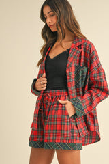 Annie Wear Contrast Plaid Long Sleeve Top & Shorts Set - Chic & Modern Ensemble