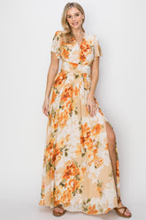 HYFVE Elegant Floral Tie Back Maxi Dress with Slit & Short Sleeves