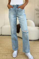 Judy Blue High Waist Distressed Straight Jeans - Full Size Denim with Stretch