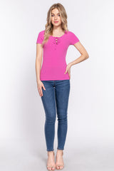 Trendy Women's Lace-Up Rib Knit Short Sleeve T-Shirt – Perfect for Casual & Stylish Outfits