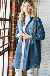 Veveret Pocketed Button-Up Washed Denim Shirt for Women - Chic & Comfortable