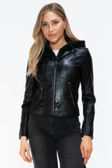 Trendy Faux Leather Zip-Up Jacket with Drawstring Hood - Snobbish Collection by NK Wears