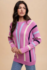 Annie Wear Chevron Stripe Ribbed Sweater - Trendy Round Neck Knitwear