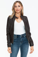 Women's PU Leather Biker Jacket with Edgy Side Zip Pockets - Fashion Forward Style