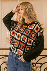 BiBi Retro Granny Square Crochet Long Sleeve Sweater Top