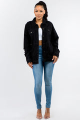 American Bazi Full Size Distressed Denim Jacket with Button-Up Closure