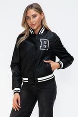 Love Me Now PU Leather Snap Down Bomber Jacket - Trendy, Edgy, and Sporty Style