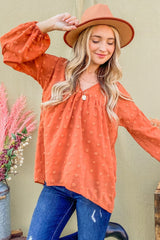 Elegant Swiss Dot V Neck Balloon Sleeve Blouse - Chic Feminine Style