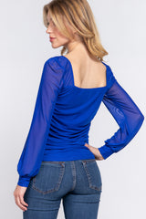 Elegant Square Neck Mesh Long Sleeve Shirring Top - ACTIVE BASIC