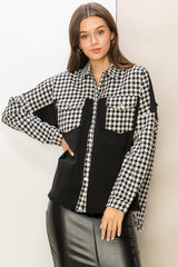 HYFVE Women's Houndstooth Contrast Raw Hem Jacket - Chic & Edgy Style