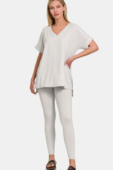 Zenana V-Neck Casual Lounge Set - Rolled Sleeve T-Shirt & Stretch Leggings