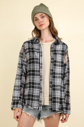 Women's Oversized Plaid Shirt with Raw Edge Details - Perfect Fall Fashion
