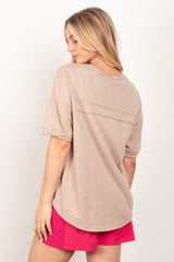 VERY J 90s Retro Twisted Sleeve Henley Knit Top with Button Detail