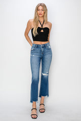 RISEN Women's Frayed Step Hem Ankle Straight Jeans - Edgy & Versatile Denim