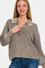 Zenana Women's Washed Half Button Long Sleeve Cotton Sweater