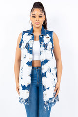 American Bazi Women's Distressed Longline Denim Vest with Frayed Edges