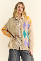 Davi & Dani Argyle V-Neck Dropped Shoulder Women's Cardigan - Chic & Cozy Style