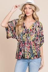BOMBOM Women's Printed Surplice Peplum Blouse - Trendy & Versatile
