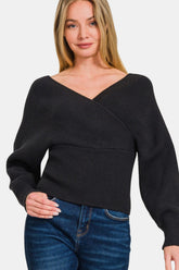 Zenana Cross Wrap Ribbed Long Sleeve Viscose Sweater - Soft & Fashionable
