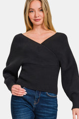 Zenana Cross Wrap Ribbed Long Sleeve Viscose Sweater - Soft & Fashionable