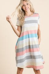 BOMBOM Women's Striped Short Sleeve Dress with Pockets - Casual & Chic Style