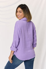 Zenana Women's Textured Button-Up Raw Hem Long Sleeve Cotton Shirt