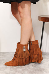 Legend Women's Vegan Suede Tassel Wedge Heel Ankle Booties with Open Shank