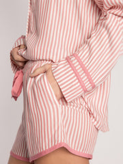 Stylish Striped Lounge Set - Collared Long Sleeve Top & Shorts