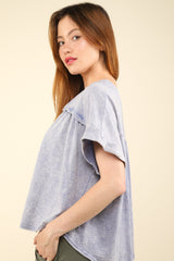 VERY J Notched Short Sleeve Washed Knit T-Shirt - Casual Cotton Blend Top