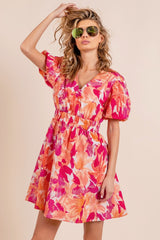 BiBi Floral V-Neck Puff Sleeve Mini Dress - Elegant & Playful Style