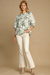 Umgee Floral Blouse with Pleated Details and Lace Trim Sleeves