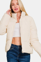 Zenana Women's Zip Up Turtleneck Puffer Jacket with Pockets - Stylish and Warm Winter Essential