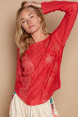 POL Women's Exposed Seam Long Sleeve Lace Knit Top - Elegant Round Neck Blouse