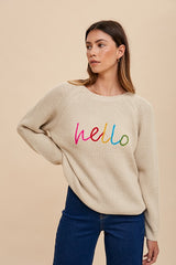 Annie Wear HELLO Embroidered Raglan Sleeve Sweater - Cozy & Trendy Knitwear