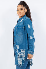 American Bazi Women's Distressed Long Sleeve Denim Jacket - Trendy Button-Up