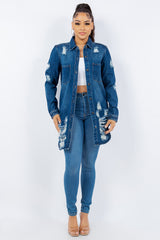 American Bazi Women's Distressed Denim Jacket - Button-Up Long Sleeve, 100% Cotton