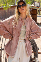 POL Women's Button Down Raw Hem Distressed Cotton Shacket - Trendy Layering Jacket